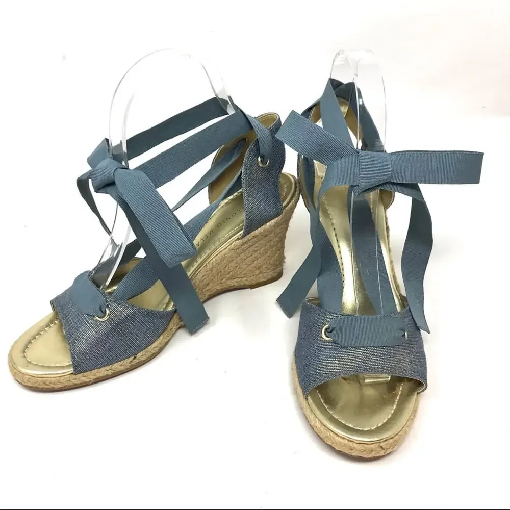 Antonio Melani-7 1/2-“Ariel” Blue Metallic Ankle Wrap Espadrille Wedge Sandals